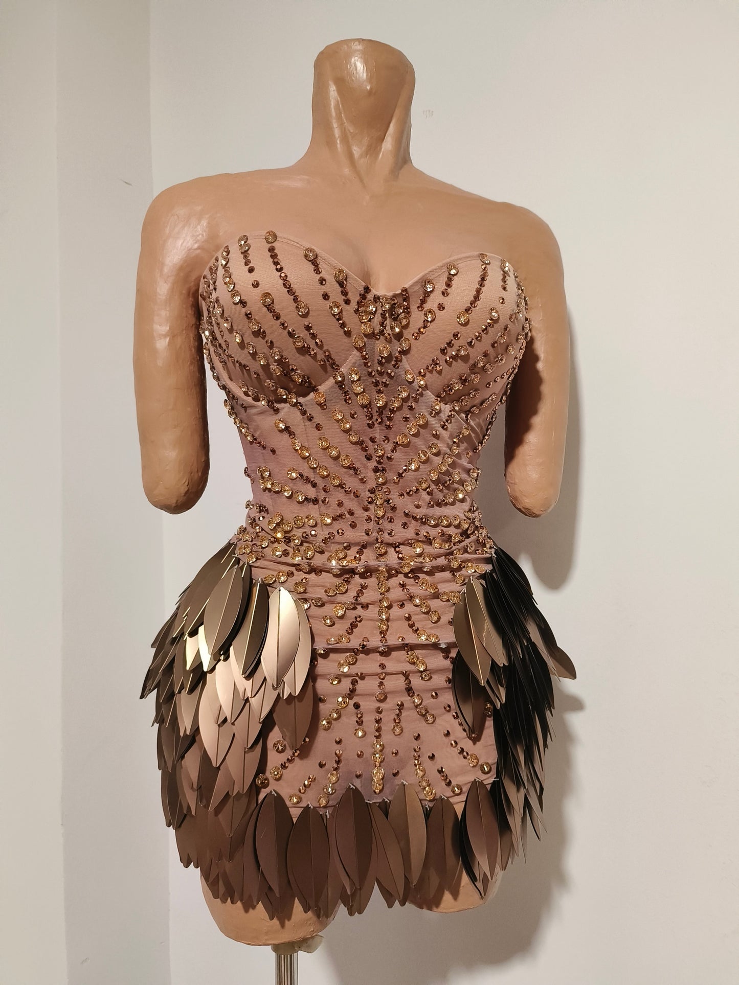CELESINYI Yancao Crystal Bronze Metal Mini Dress