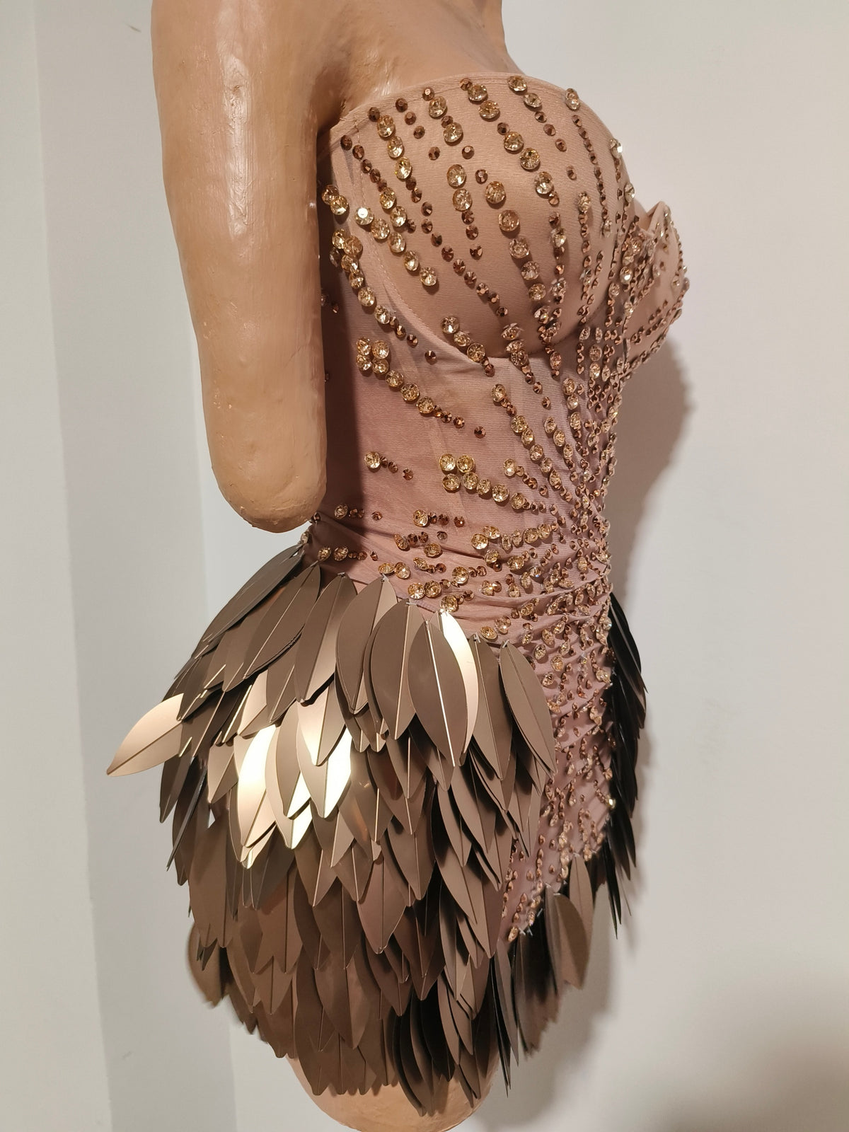 CELESINYI Yancao Crystal Bronze Metal Mini Dress