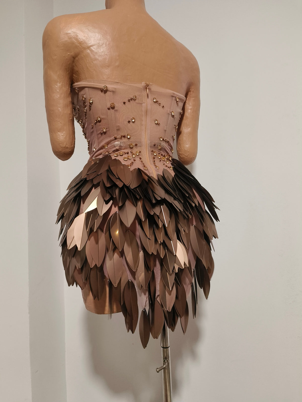 CELESINYI Yancao Crystal Bronze Metal Mini Dress