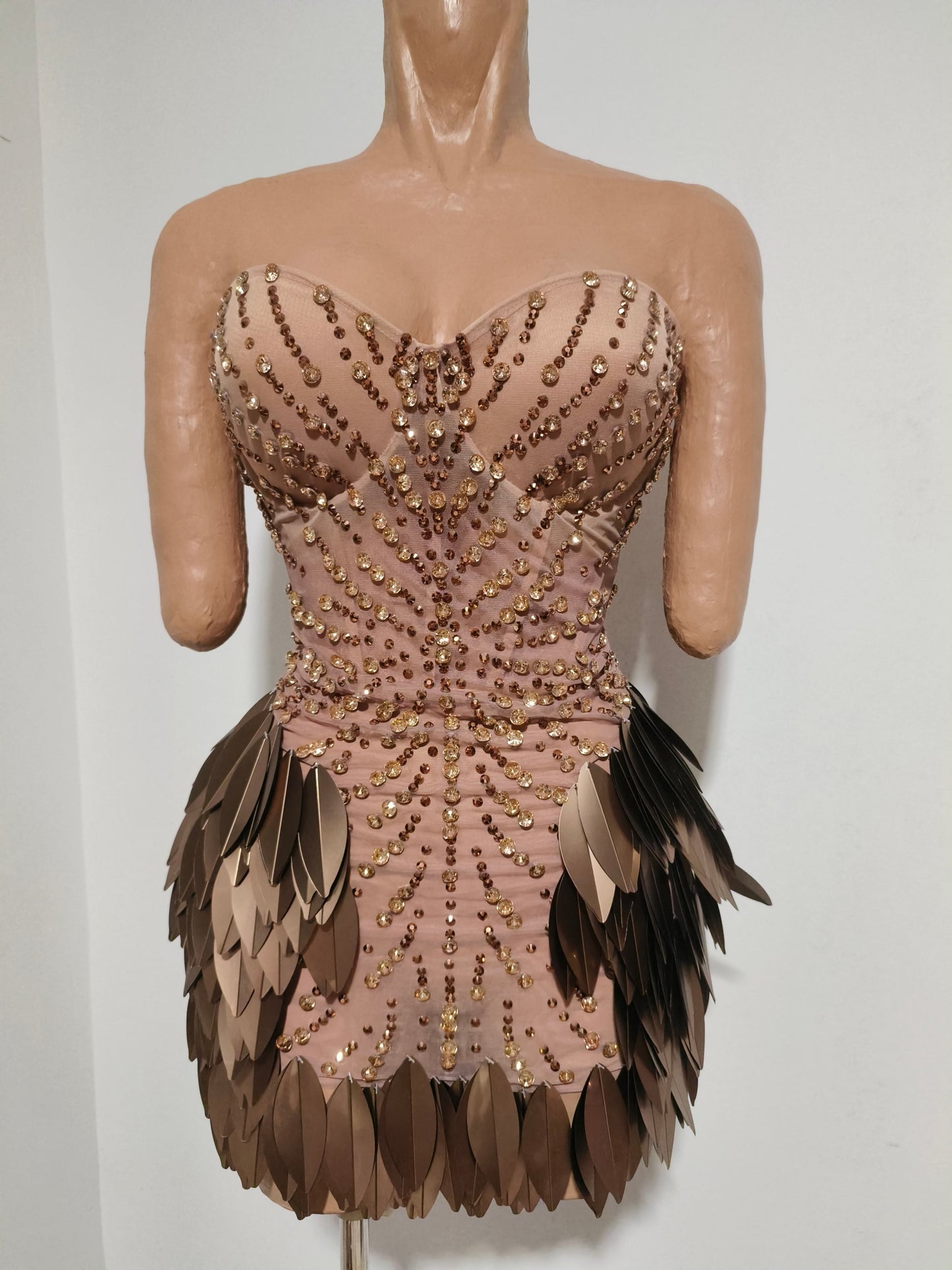 CELESINYI Yancao Crystal Bronze Metal Mini Dress