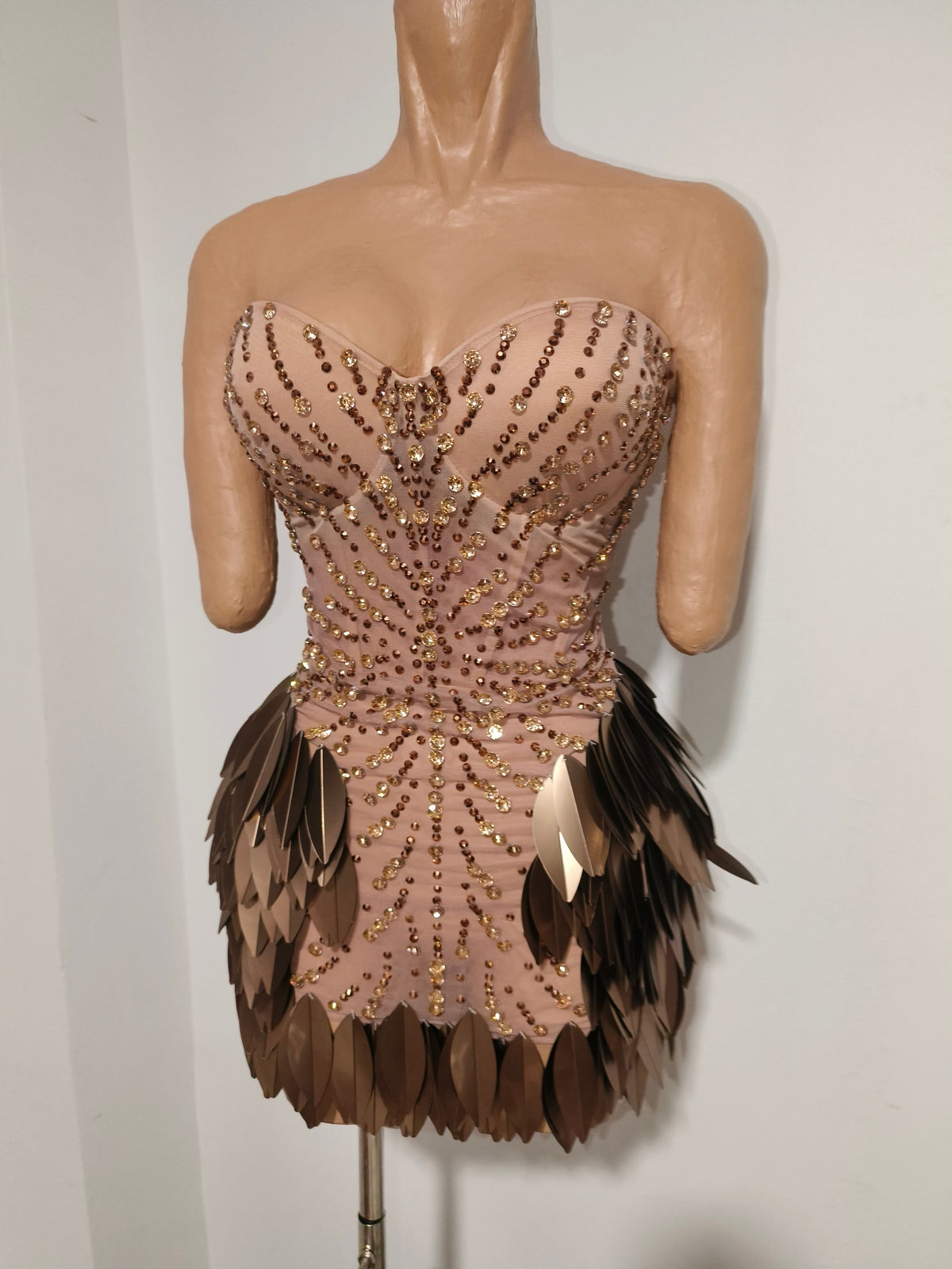 CELESINYI Yancao Crystal Bronze Metal Mini Dress