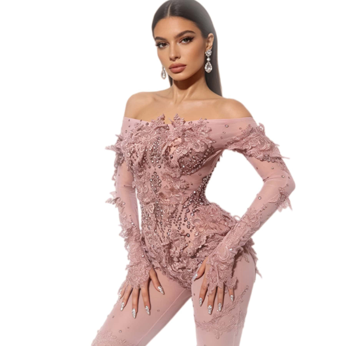 CELESINYI Chuntao Crystal Pink Floral Bodysuit