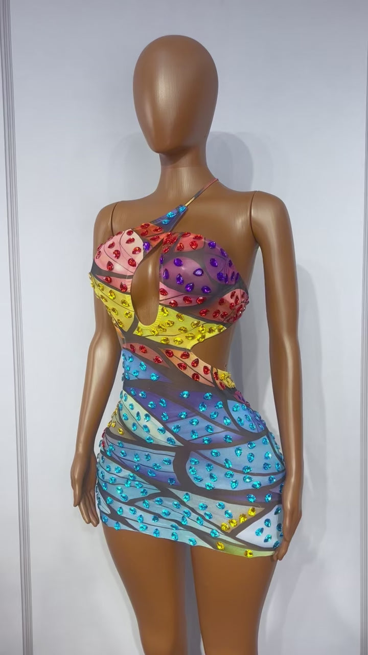 CELESINYI Danziqingdiao Crystal Butterfly Wing Mini Dress