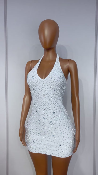 CELESINYI Baisizhu Crystal Pearl Halter Mini Dress