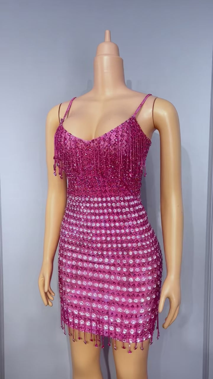CELESINYI Fenhuopo Crystal Fuchsia Fringe Mini Dress