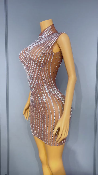 Zhenzhuwang Pearl Diamond Striped Sleeveless Mini Dress