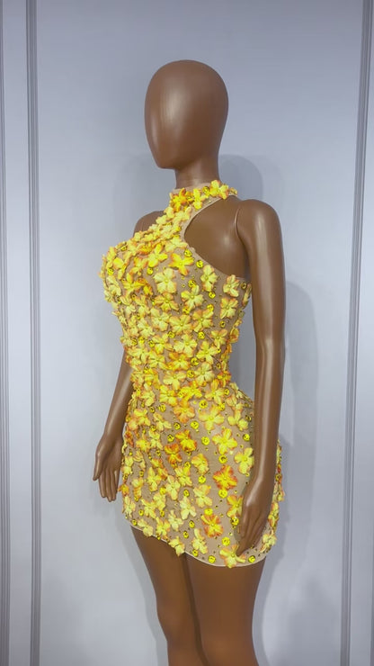 CELESINYI Fengyehua Rhinestone Maple Print Party Dress