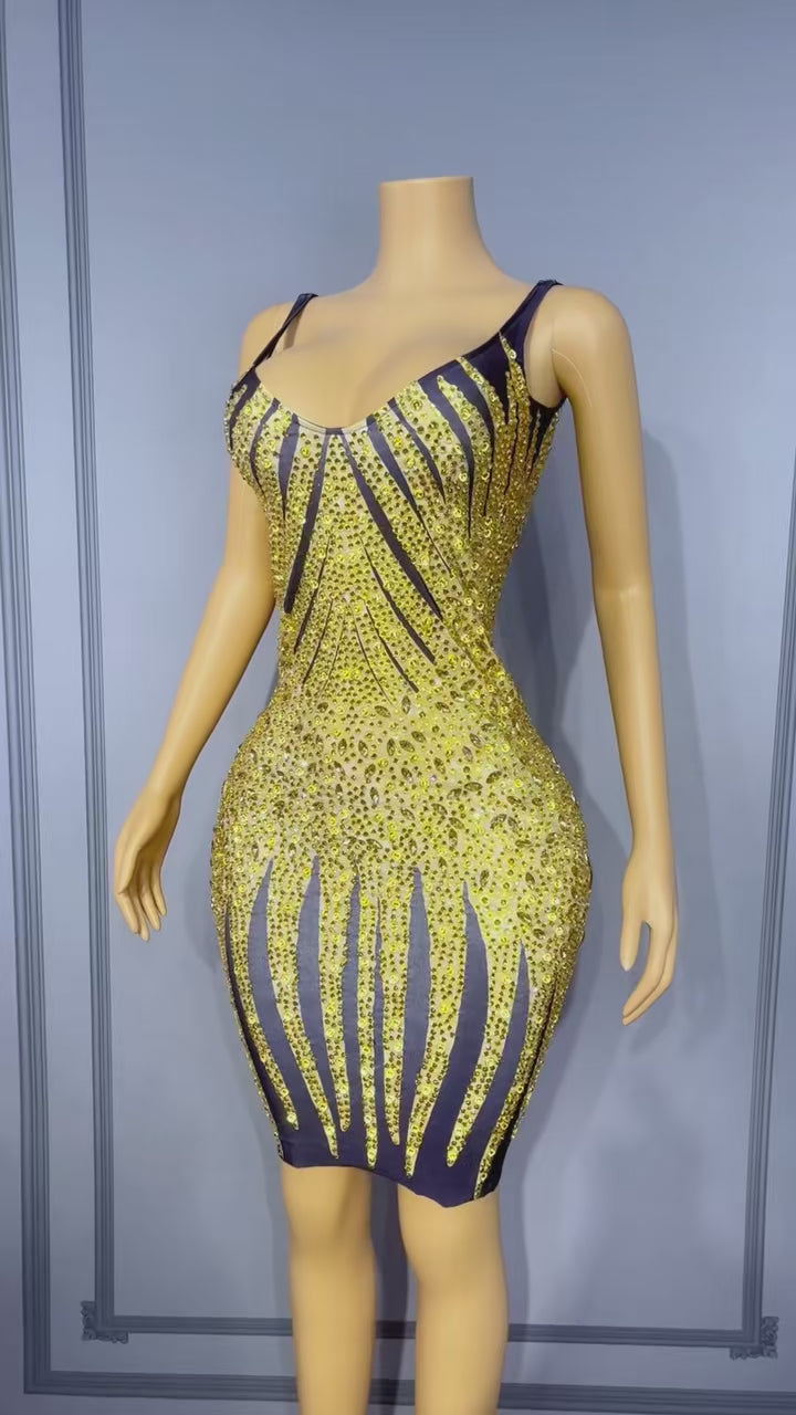Huangjin Gold Striped Diamond Strap Mini Dress