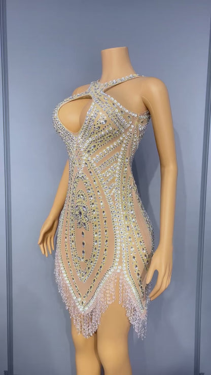 Wuqu Cut-out Design Crystal Pendant Neckline Mini Dress