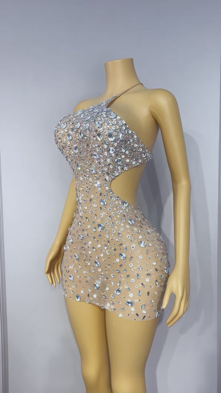 CELESINYI Xiaoxingshan Crystal One-Shoulder Mini Dress