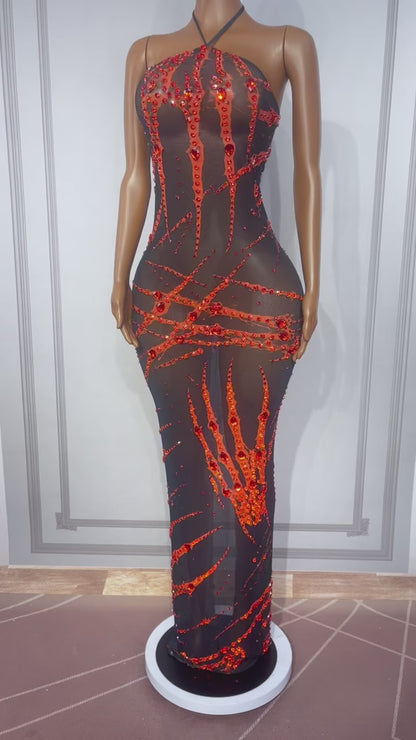 Xuezhua Bloodclaw Rhinestone Halter Maxi Dress