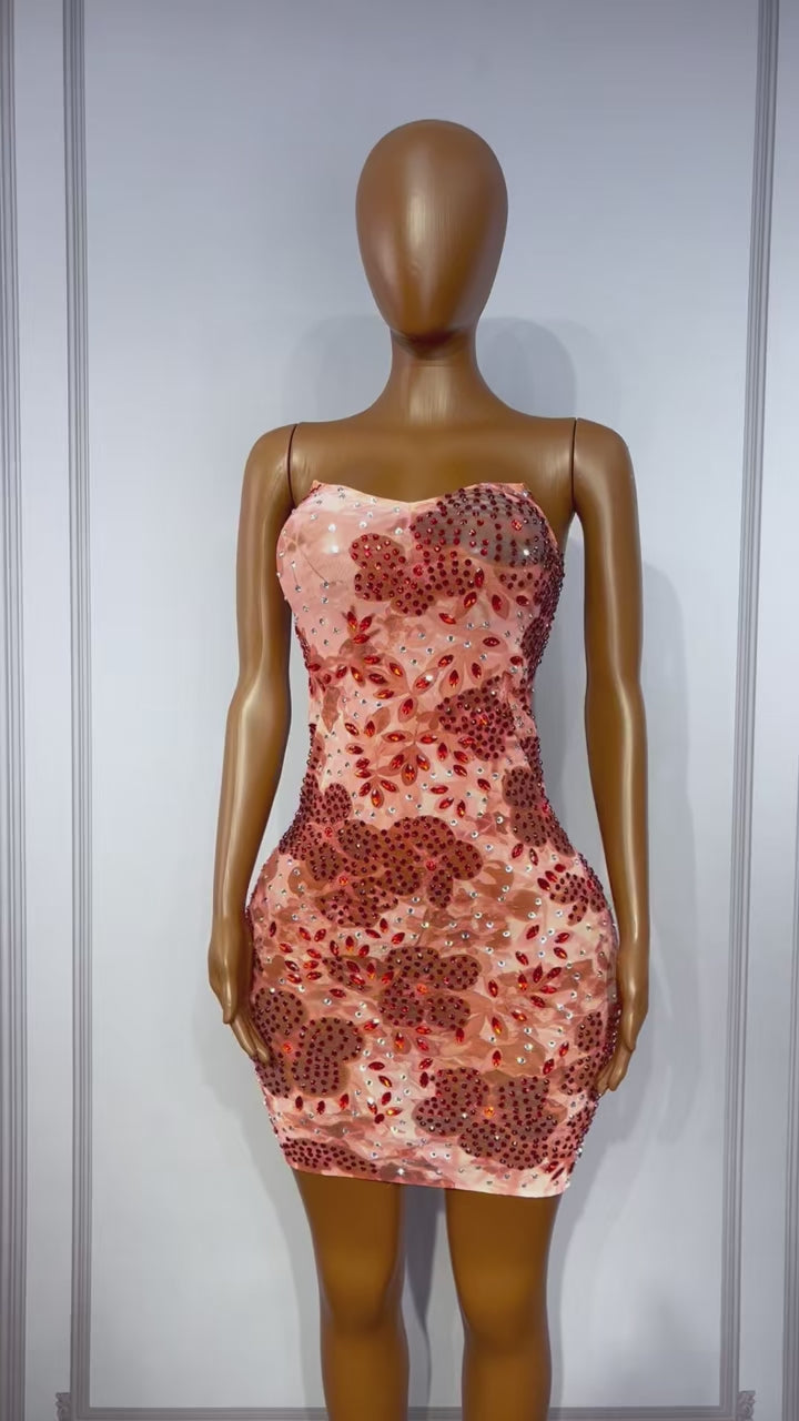 CELESINYI Meihong Crystal Red Gem Strapless Mini Dress