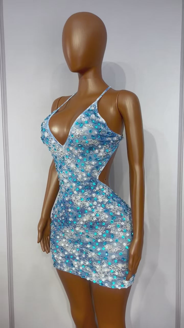 CELESINYI Lanmeiguojiang Crystal Blueberry Print Halter Mini Dress