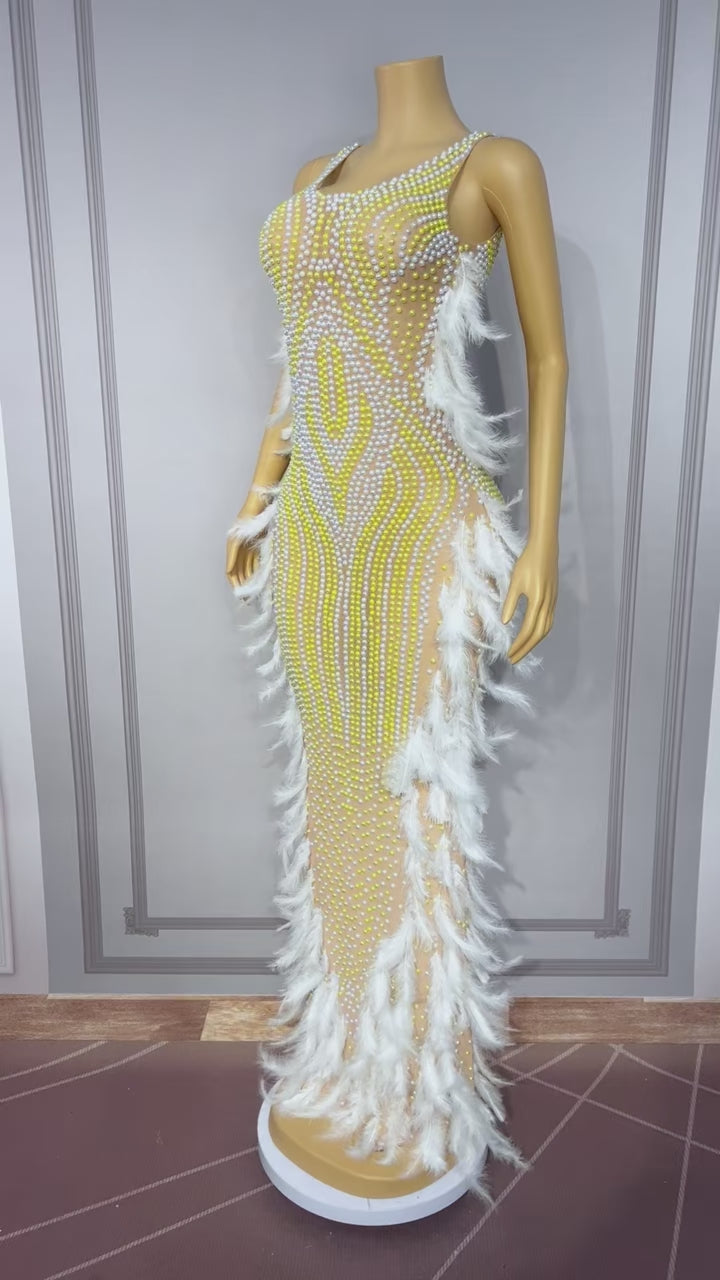 CELESINYI Zhuhai Crystal Pearl Feather Gown