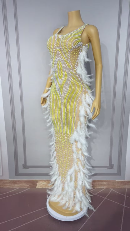 CELESINYI Zhuhai Crystal Pearl Feather Gown