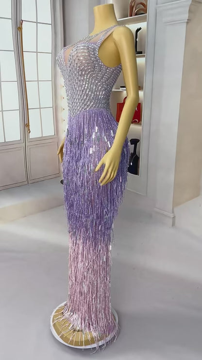 Piaoliu Long Purple Sequin Tassel Rhinestone Dress