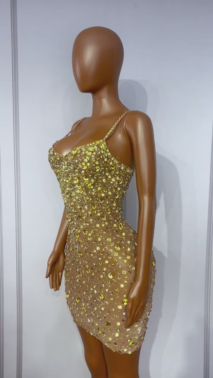 CELESINYI Xingshanshan Crystal Sparkle Mini Dress (Gold)
