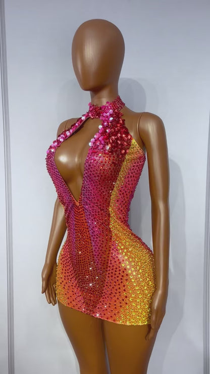 CELESINYI Honghaixia Crystal Choker Mini Dress