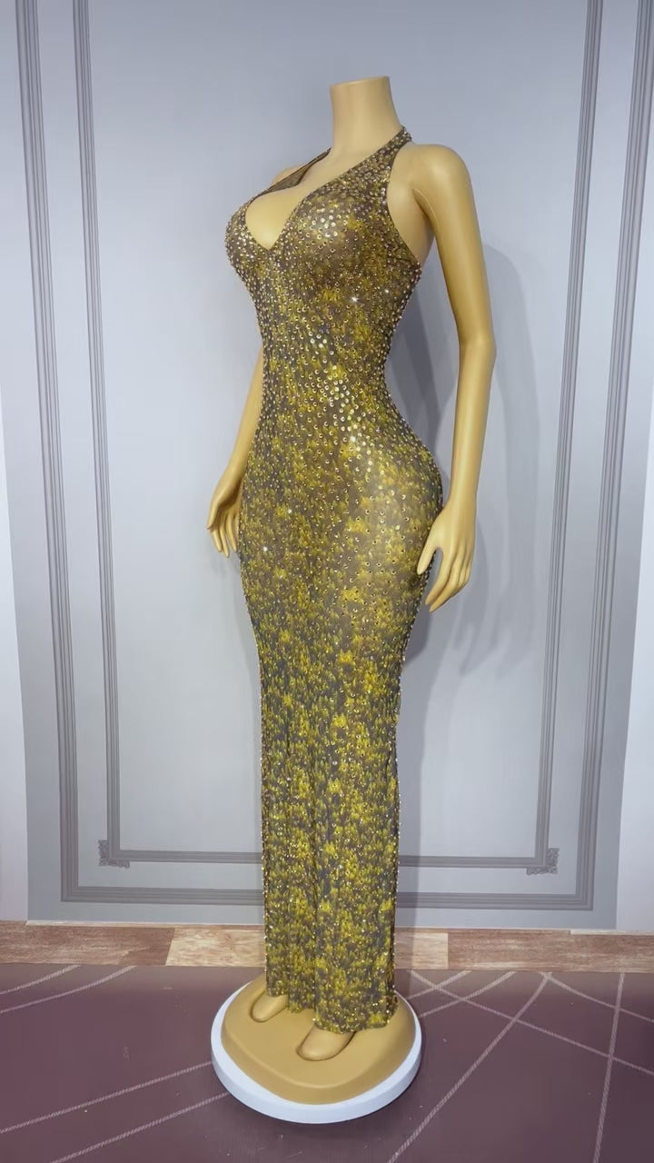 CELESINYI Baihualin Crystal Amber Halter Gown