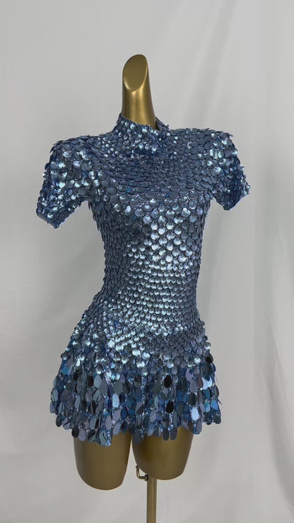 Jinsique Sexy Blue Shell Sequins Mini Dress