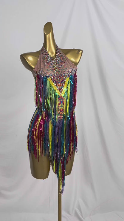 Xinwucai Women Colorful Rainbow Tassel Leotard