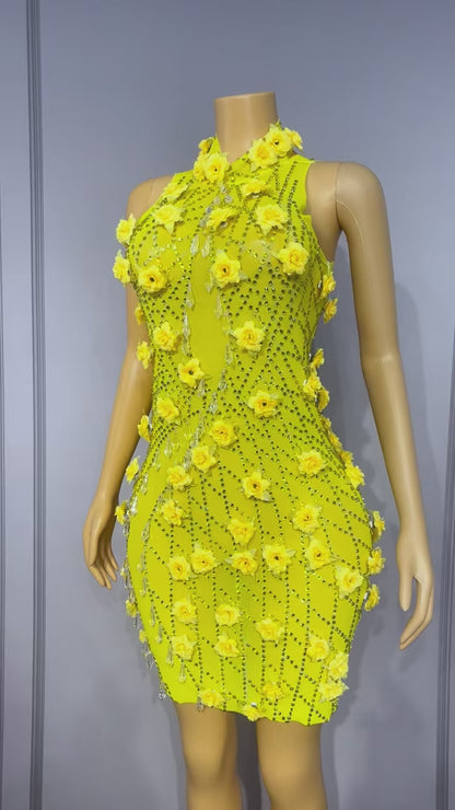 Huangguang Yellow Crystal Pendant Dress