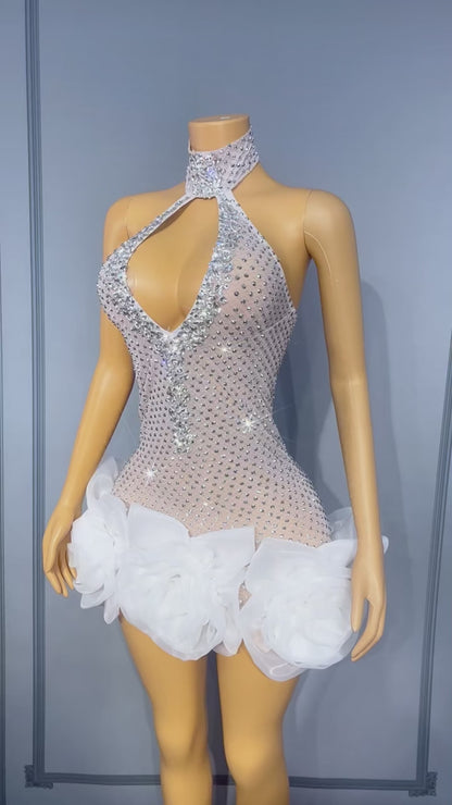 Wanghua Hollow-out Halter Neck Rhinestone Floral Mini Skirt