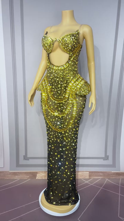 Hongguan Hollow-out Gold Diamonds Long Prom Dresses