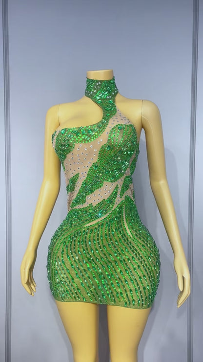 Lvlin Asymmetrical Design Green Rhinestone Backless Mini Dress