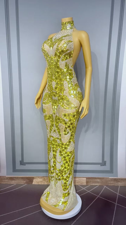 Jincaihua Golden Lens Rhinestone Flower Long Prom Dress