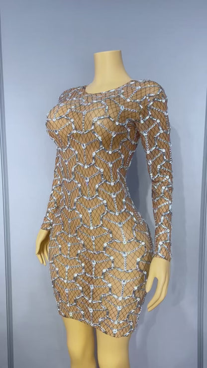 Heizhuwang Spiderweb Rhinestone Long-Sleeve Sheer Dress