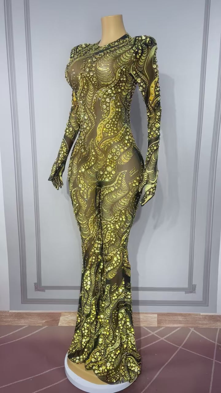 CELESINYI Jincanyong Crystal Gold Swirl Jumpsuit