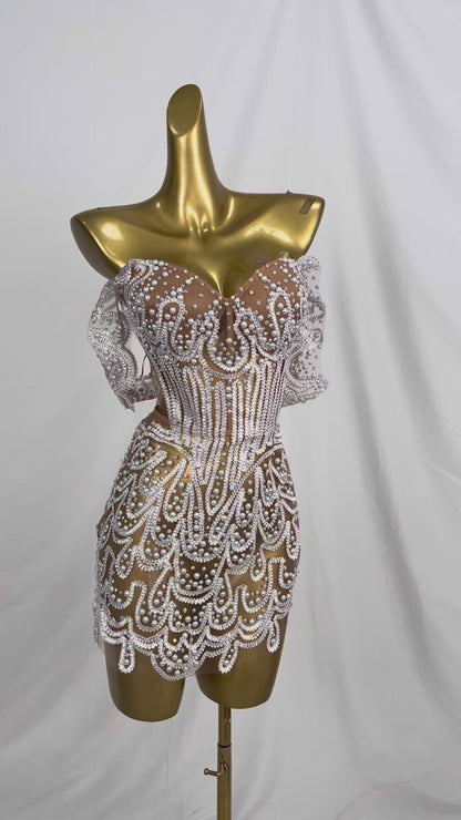 Lurong Sequins White Pearl Strapless Dress