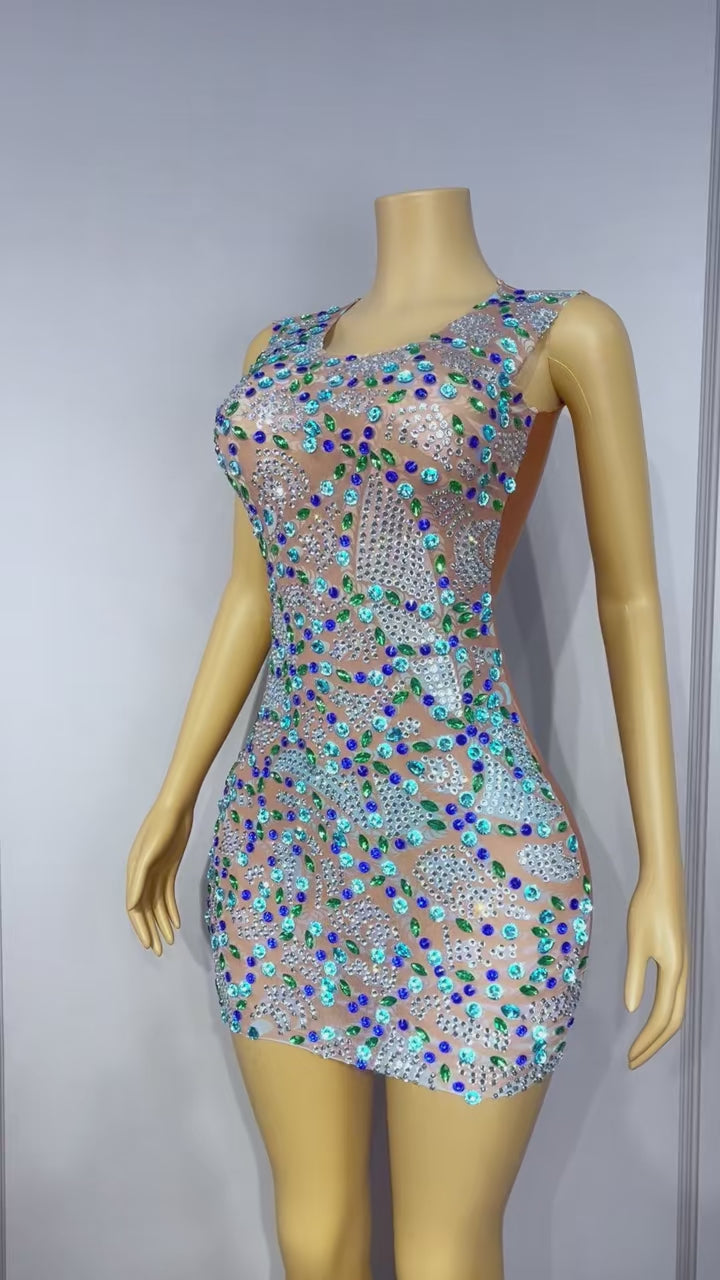 CELESINYI Chuanchuan Crystal Gem Mosaic Mini Dress