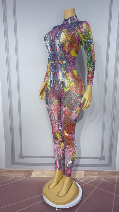 CELESINYI Chouxianghua Crystal Abstract Print Dress