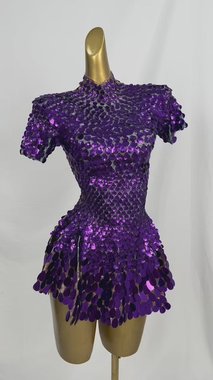 Jinsique Sexy Deep Purple Shell Sequins Mini Dress