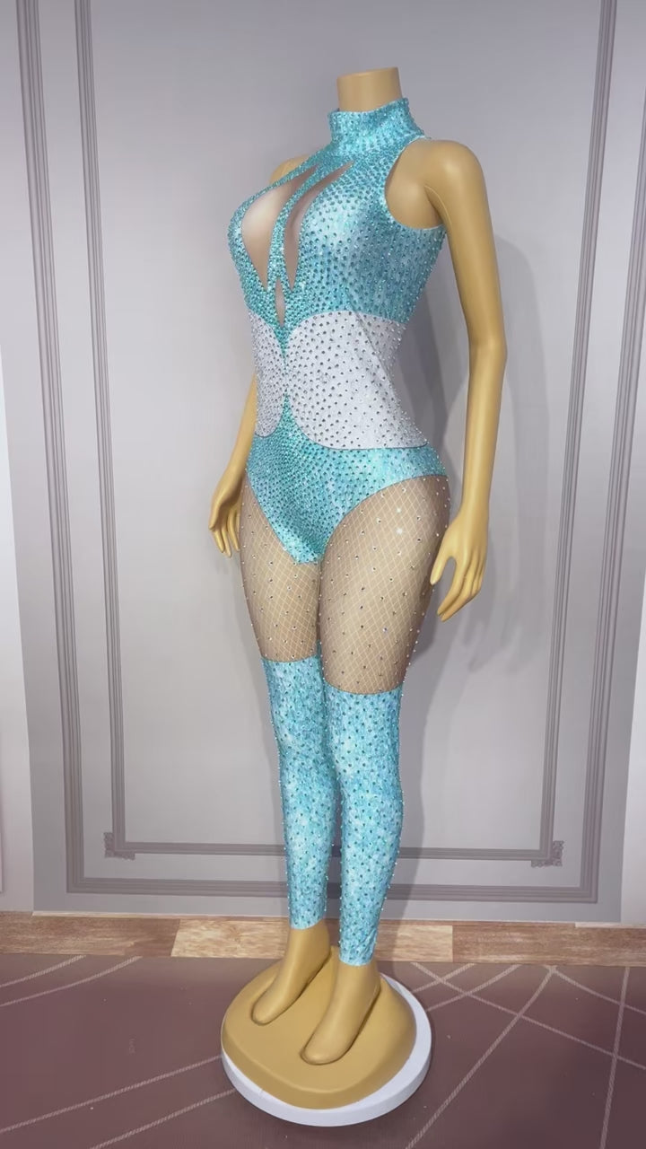 CELESINYI Qinglan Crystal Blue Cutout Bodysuit