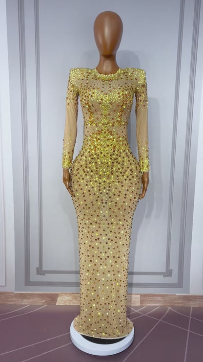 CELESINYI Kafeidou Crystal Gold Long Sleeve Gown