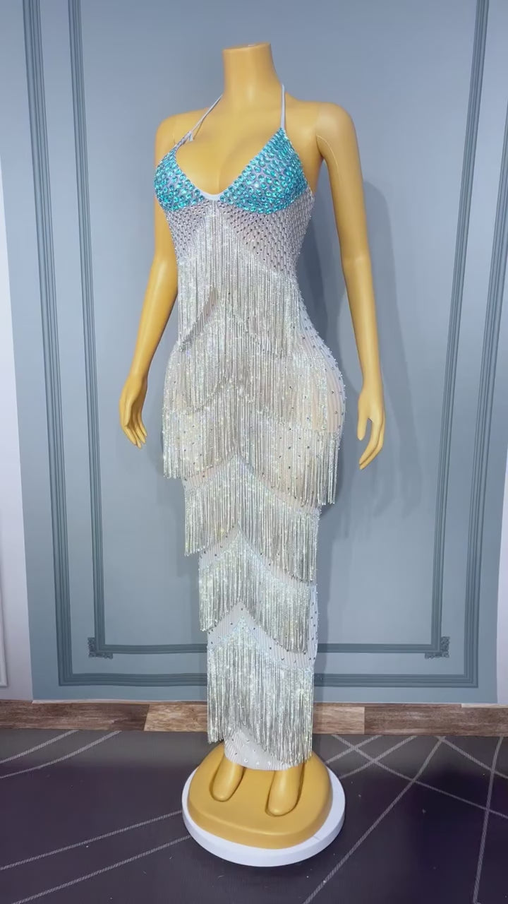 Liusuxing Blue Rhinestone Diamond Chain Strapless Dress