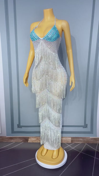 Liusuxing Blue Rhinestone Diamond Chain Strapless Dress