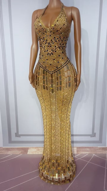 CELESINYI Gutongjingpian Rhinestone Mirror Print Dress
