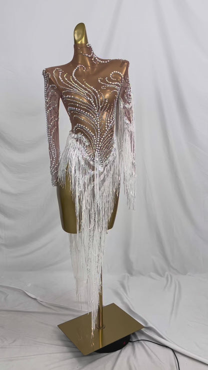 Fumao White Rhinestone Pearls Tassel Event Party Dress