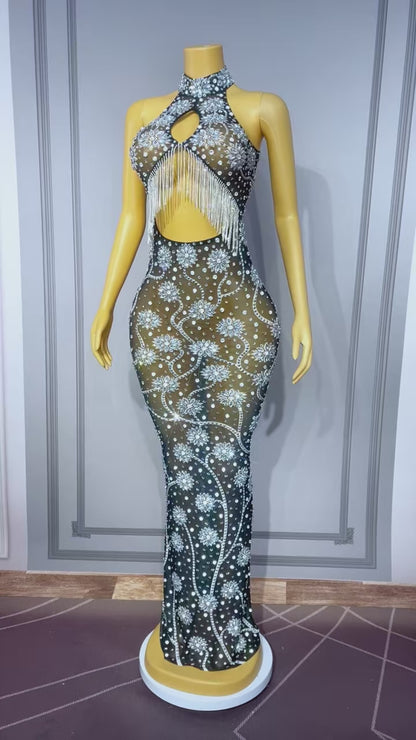 Mosanghua Elegant Diamond Floral Hollow-Cut Fringe Maxi Dress