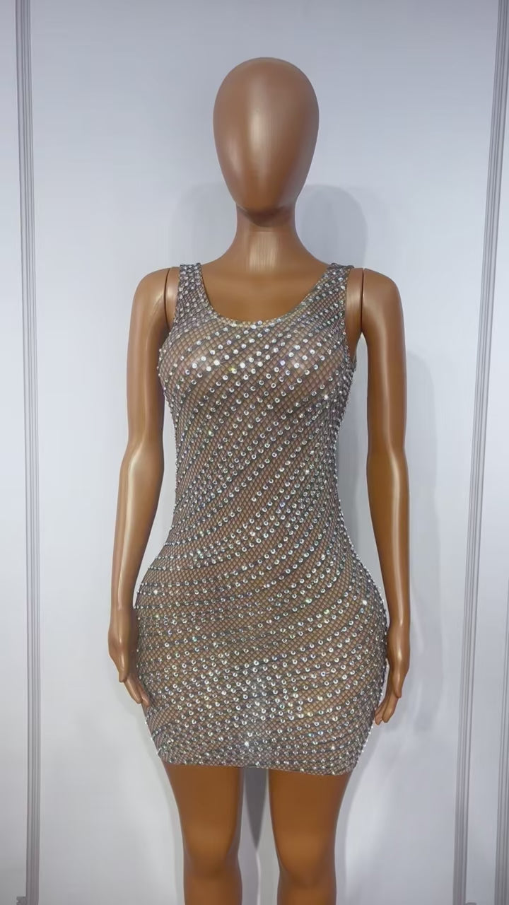 CELESINYI Xianxingyi Crystal Line Fishnet Mini Dress