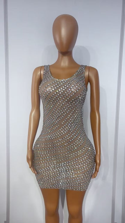 CELESINYI Xianxingyi Crystal Line Fishnet Mini Dress