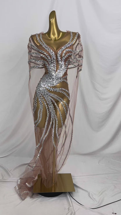 Dongmai  Perspective Silver Glitter Sequin Evening Prom Dress