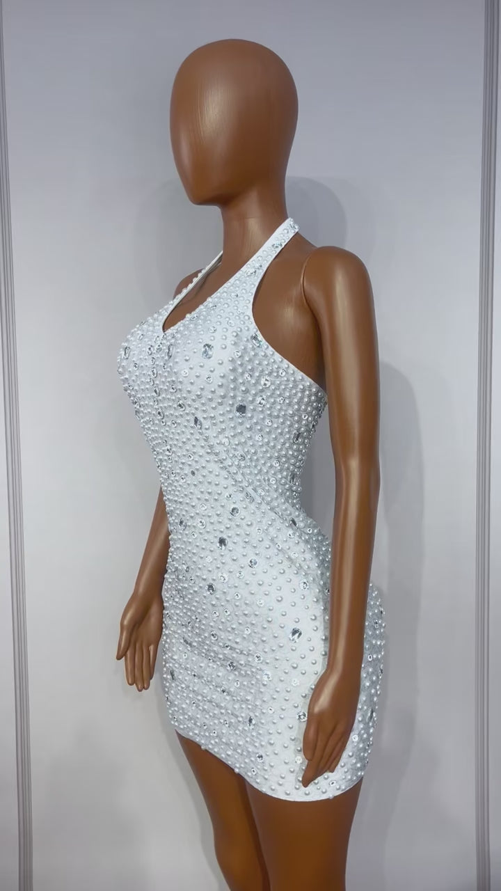 CELESINYI Baisizhu Crystal Pearl Halter Mini Dress