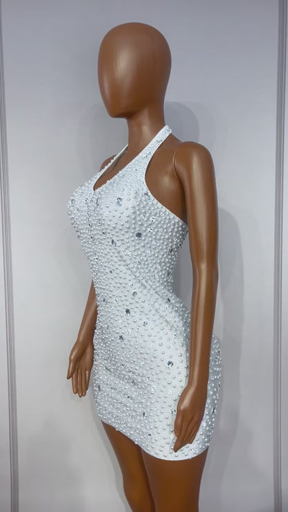 CELESINYI Baisizhu Crystal Pearl Halter Mini Dress