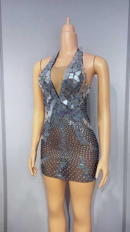 CELESINYI Qunxing Crystal Mirror Halter Mini Dress