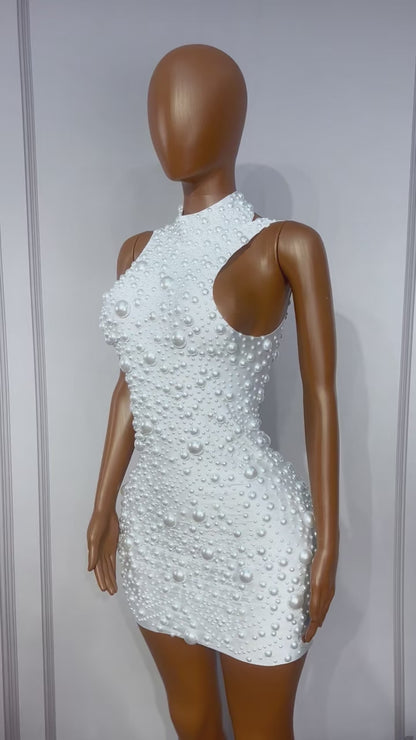 CELESINYI Dazhu Crystal Pearl Stretch Mini Dress